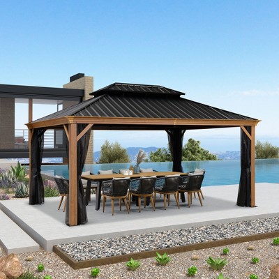 PURPLE LEAF Outdoor Hardtop Gazebo for Patio Galvanized Steel Double Roof Permanent Canopy Teak Finish Aluminum Frame Pavilion Gazebo with Netting