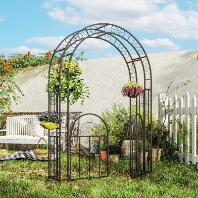 Black Metal Garden Arch with Gate for Climbing Plants