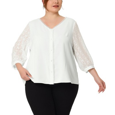 Agnes Orinda Women's Plus Size Spring Elegant Lace Sleeve Button-down ...