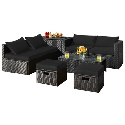 Tangkula 8PCS Patio Conversation Set Sectional Sofa Set, All-Weather PE Rattan, Tempered Glass Table & Washable Cushion Covers