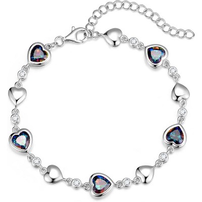 Five Heart Birthstone Tennis Bracelet, 925 Sterling Silver with Adjustable Extender, Anniversary Birthday Gift for Wife
