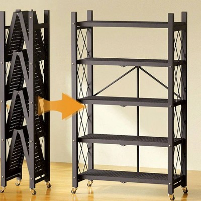 MaseiKar 5 Tier Black Heavy Duty Foldable Metal Organizer Shelves With Wheels,385lbs Capacity for Home Garage Kitchen Organization