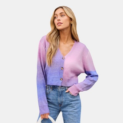 Women's Ombre Purple&Pink Cropped V-Neck Knit Cardigan - Cupshe