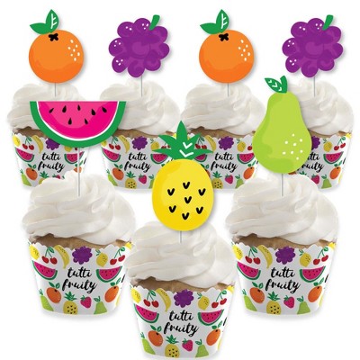 Big Dot of Happiness Tutti Fruity - Cupcake Decoration - Frutti Summer Baby Shower or Birthday Party Cupcake Wrappers and Treat Picks Kit - Set of 24