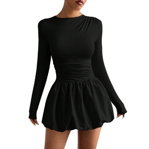 Women's Long Sleeve Ruched Waist Mini Dress Crew Neck Bubble Hem Party Dress Black M