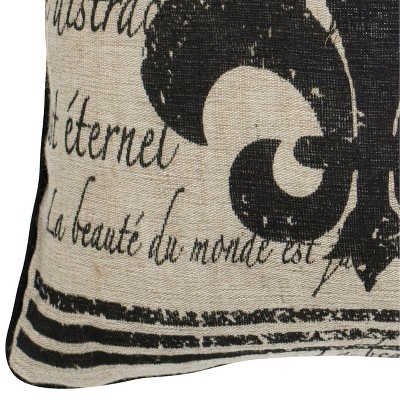 18" Beige and Black Embroidered Jute Cotton Square Throw Pillow