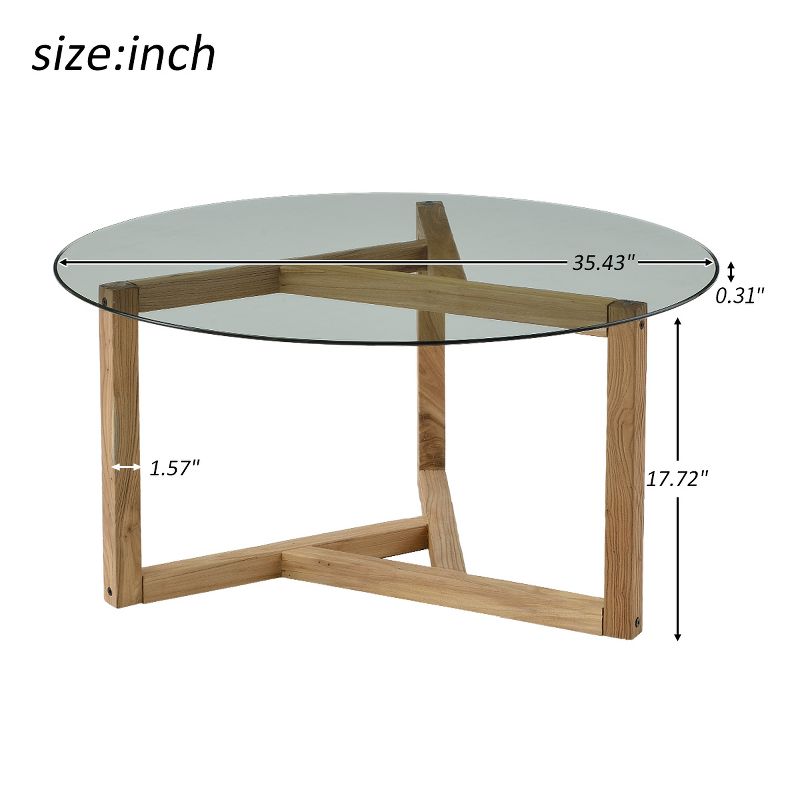 Modern Round Coffee Table Cocktail Table with Tempered Glass Top & Sturdy Wood Base-ModernLuxe, 3 of 9