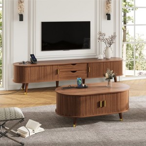 TiramisuBest Wooden TV Stand & Coffee Table Set, Oval Fluted Media Console with Charging Station for TVs up to 80" ,Walnut - 1 of 4
