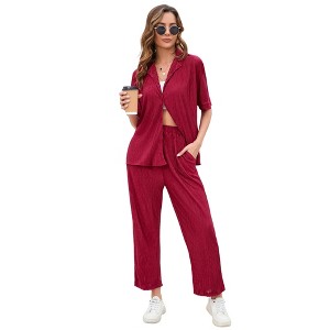 Women's Pleated 2 Piece Outfits Set Summer Long Sleeve Shirt Wide Leg Pants Sets Casual Streetwear - 1 of 4