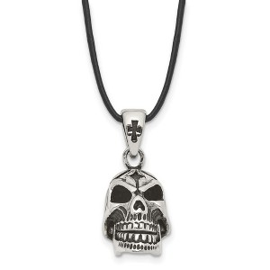 Black Bow Jewelry Stainless Steel & Leather Cord 3D Moveable Skull Necklace, 20 Inch - 1 of 4