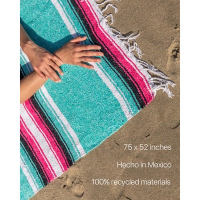 Handwoven Aqua and Pink Mexican Blanket with Fringe