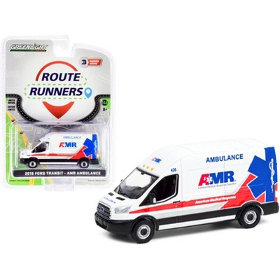 2019 Ford Transit LWB High Roof Van Ambulance White "AMR" (American Medical Response) "Route Runners" 1/64 Diecast by Greenlight