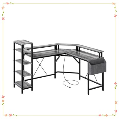 61 Inch L Shaped Home Office Gaming Desk with Outlets - Built-in LED Lights & 5-Shelf System