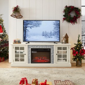 70" Fireplace TV Stand for 75 Inch TV, Modern Media Console with Glass Doors, Faux Stone & 23 Inch Electric Fireplace-3irtyhousy - 1 of 4