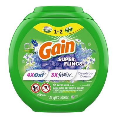 Gain Super Sized Flings Laundry Detergent Pacs, Relax, 3-in-1 Detergent Pacs with Febreze and Oxi, 32 Count