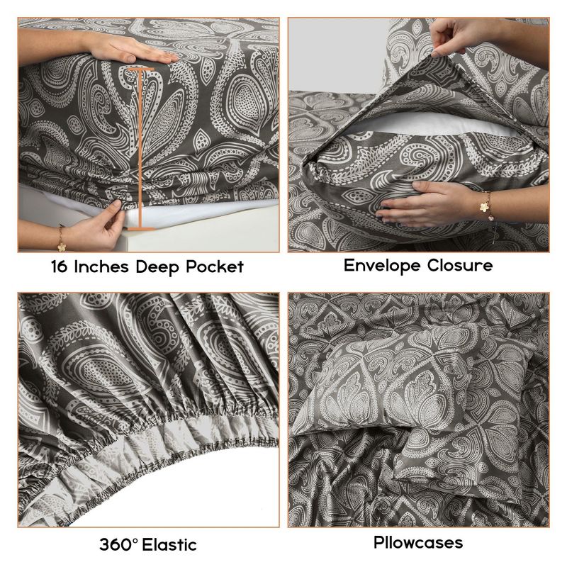 6 Piece Sheet Sets Paisley Printed Sheets Set Ultra Soft Deep Pocket Microfiber Bed Sheets - Lux Decor Collection, 4 of 6