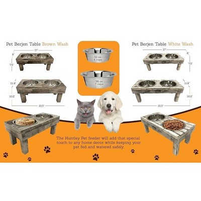 Large Brown Wash Reclaimed Wood Elevated Double Bowl Pet Feeder