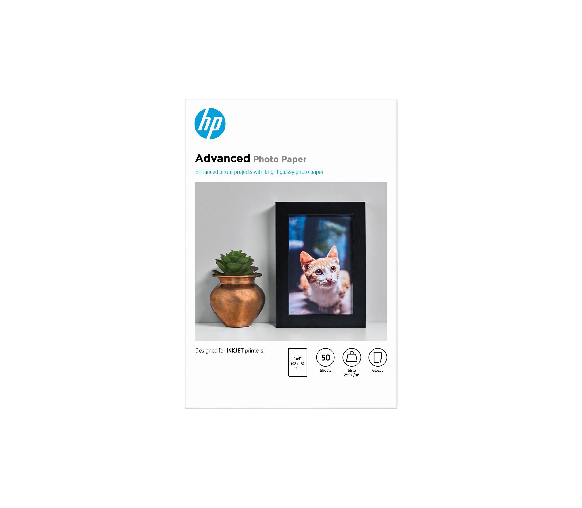 HP Advanced Photo Paper, Glossy, 65 lb, 4 x 6 in. (101 x 152 mm), 50 sheets F4T22A