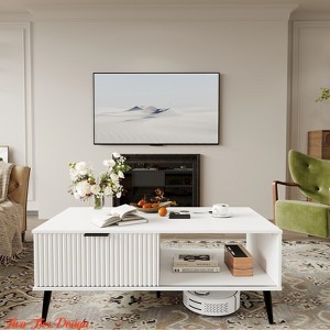 Home Office Coffee Table, Wooden Coffee Table with Storage Cabinet, Two-Tier Design, Sliding Door, Solid Wood Legs, Large Living Room Center Table - 1 of 4