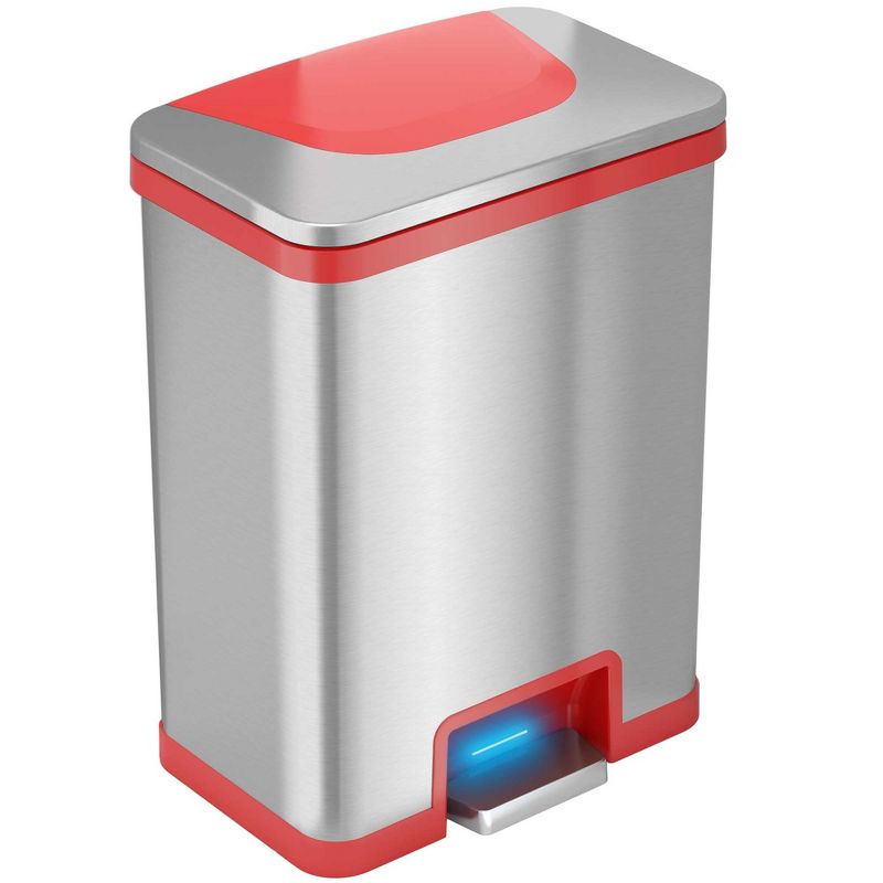 iTouchless AutoStep Pedal Sensor Kitchen Trash Can with AbsorbX Odor Filter 13 Gallon Silver Stainless Steel with Red Trim, 1 of 7