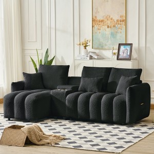 TiramisuBest 91.7 Inch Modular Cloud Sofa Premium Teddy Fabric Sofa Cloud Sectional Sofa with Cup Holder USB Console Storage Living Room, Black - 1 of 4