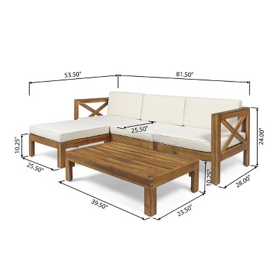 Teak and Beige Acacia Wood 3-Seater Outdoor Sofa Set with Ottoman