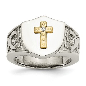 Black Bow Jewelry 14mm Stainless Steel 10KYG Plated Cross & .02ct Diamond Tapered Ring - 1 of 4