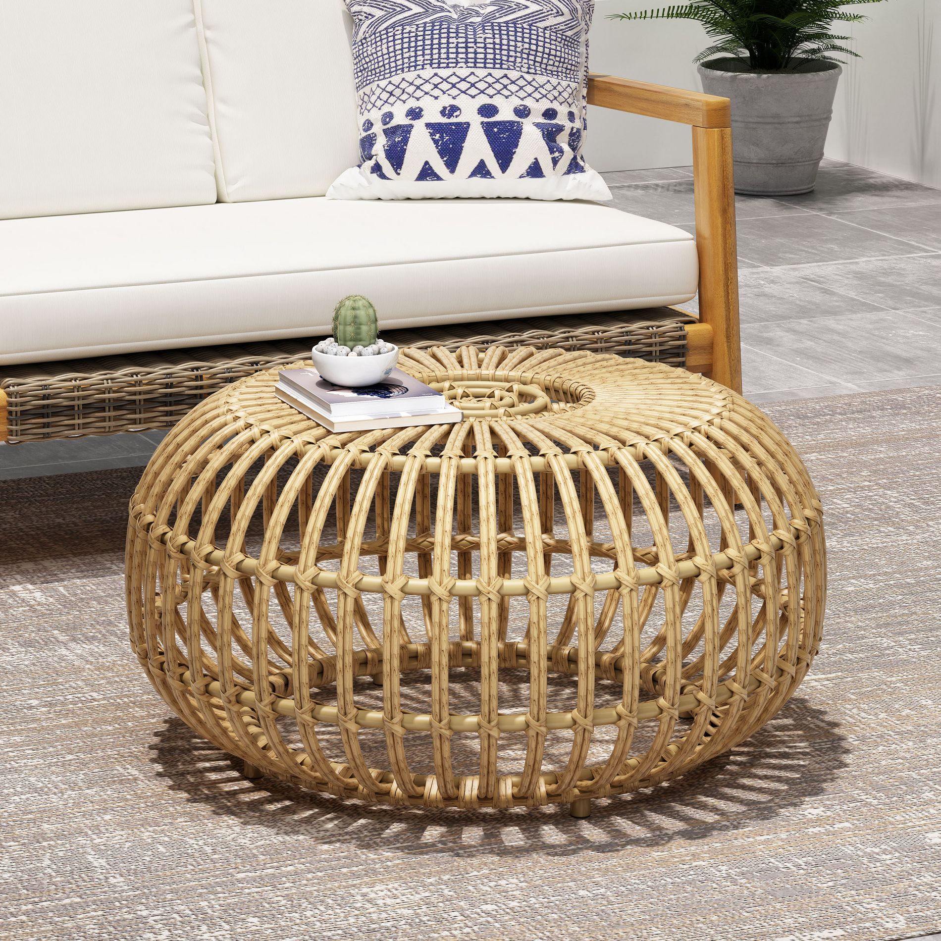 Moda Furnishings Handcrafted Boho Faux Rattan Coffee Table, Indoor Outdoor Square Center Table for Living Room Patio Sunroom