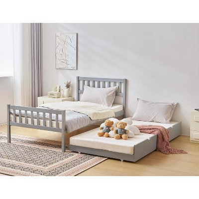 Bed Frames with Headboard, Trundle Bed Twin,Wooden Trundle Bed for Kids, No Box Spring Needed,Twin&Grey