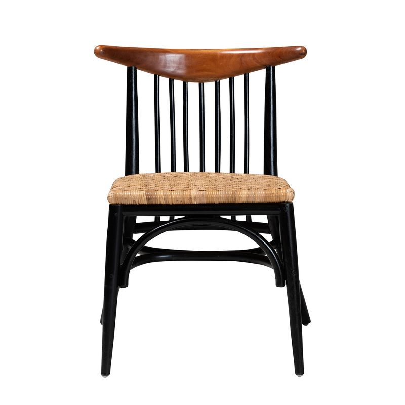 bali & pari Parthenia Mid-Century Modern Two-Tone Black and Walnut Brown Finished Mahogany Wood and Natural Rattan Dining Chair, 3 of 9