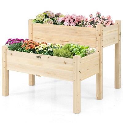 Costway 2 Tier Wooden Raised Garden Bed Elevated Planter Box w/Legs Drain Holes