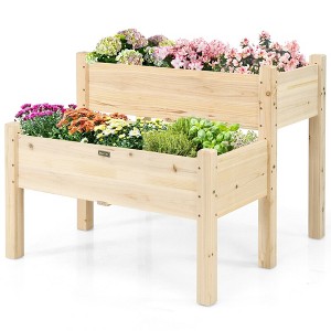 Costway 2 Tier Wooden Raised Garden Bed Elevated Planter Box w/Legs Drain Holes - 1 of 4