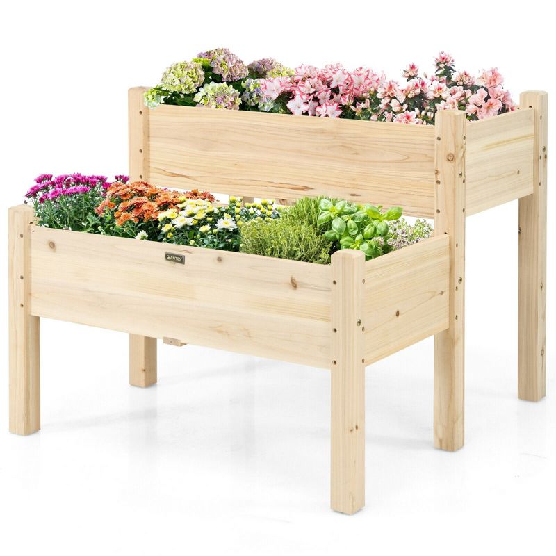 Costway 2 Tier Wooden Raised Garden Bed Elevated Planter Box w/Legs Drain Holes, 1 of 11