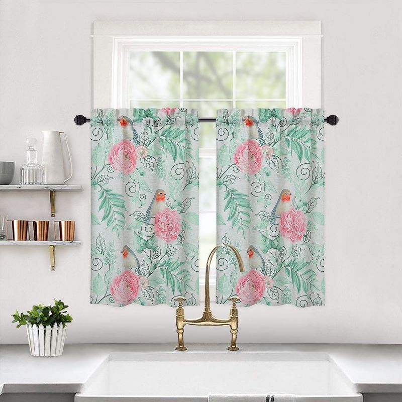Linen Blend Bird Floral Print Short Kitchen Curtains for Small Window Bathroom, 1 of 8