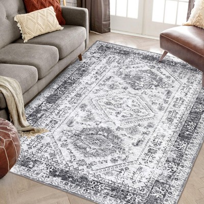 Washable Rug Non Slip Rug Vintage Oriental - Retro Medallion Low Pile Carpet for Living/Dining Room