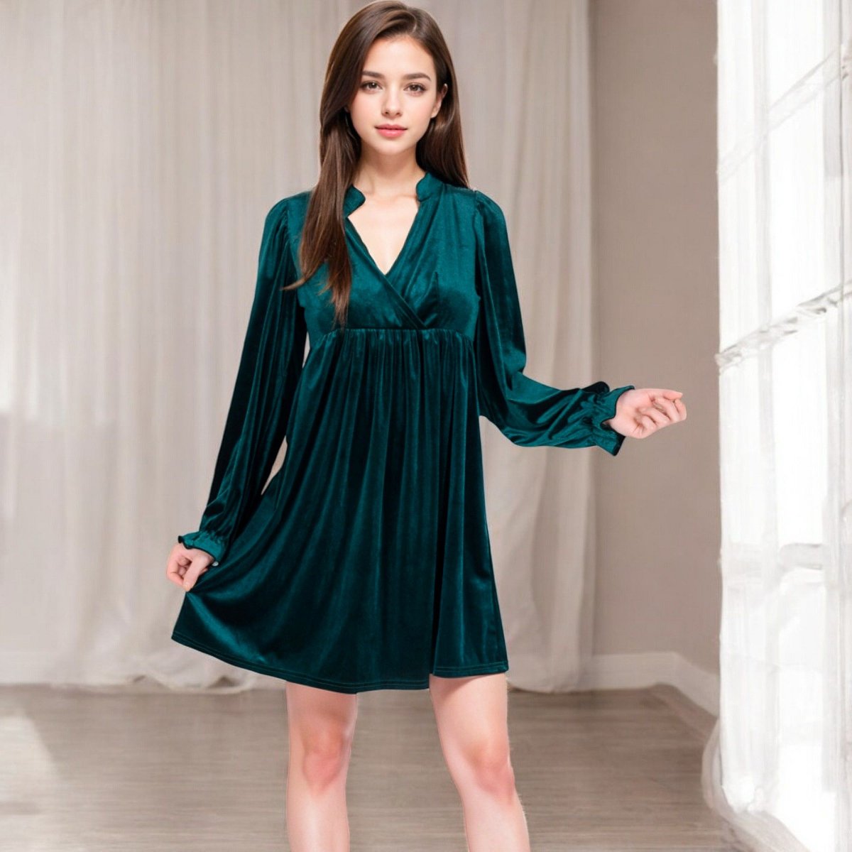Женские платья Anna-Kaci Women's Velvet Dress with V-Neck and Long Sleeves - Small, Olive Green — фото 6
