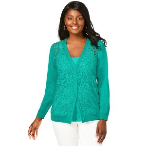 Jessica London Women's Plus Size Crochet Button-Front Cardigan - 1 of 4