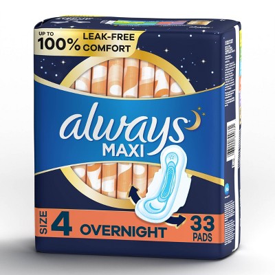 Always Maxi Pads Overnight Absorbency Unscented with Wings - Size 4 - 33ct