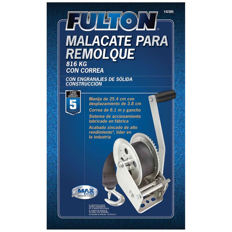 Fulton 142305 Universal Single Speed Towing Winch with 20 Feet Strap and Hook, Comfortable Grip Handle, 1800 Pound Capacity, 3 of 7