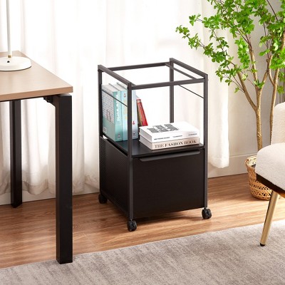VECELO File Cabinet with 1-Drawer, Rolling Mobile Office Cabinet with Open Storage fits A4 Size, Metal Frame