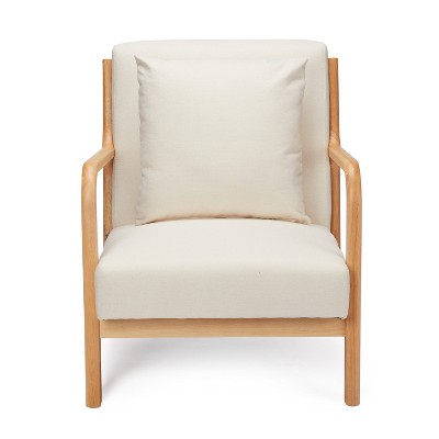 Beige Linen and Oak Wood Mid Century Modern Accent Chair