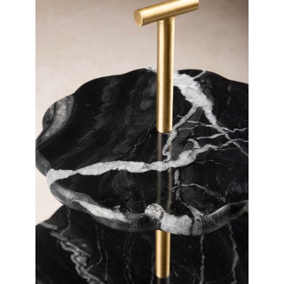 Cosmic Black Marble Two-Tier Cake Stand with Gold Steel Handle