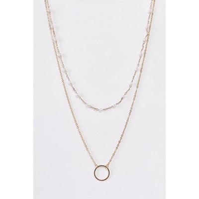 Slickblue Women's Necklace, Gold and Pearl Double Chain with Circle Pendant, Vintage Inspired Style, 14"-18"
