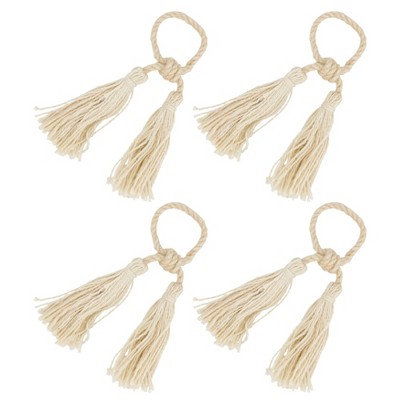 Set of 4 Beige Jute Tassel Napkin Rings