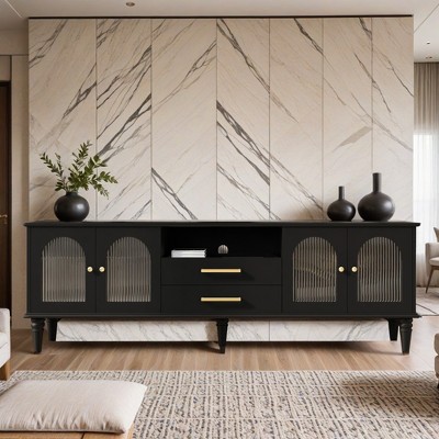 68.9'' Retro TV Stand for TVs up to 75 Inches, Entertainment Center Media Console with Fluted Glass Doors and Five Solid Wood Legs - Leovsnove
