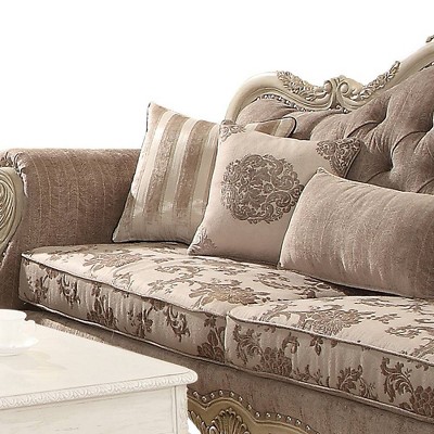 Gray Fabric and Antique White Tufted Sofa with Rolled Arms