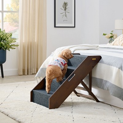 Espresso Hardwood Foldable Pet Steps with Gray Carpet