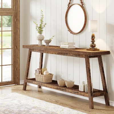 HDZNVF 70.9 Inches Extra Long Farmhouse Console Table, Solid Wood Entryway Table with 2-Tier Open Storage