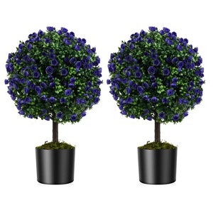 Costway Set of 2 Artificial Purple Rose Topiary Ball Trees 22" Faux Boxwood Ball Tree - 1 of 4
