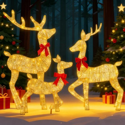 Christmas Lighted Reindeer Family Decor - 3-Piece 2D Design 8 Modes LED String Lights, Rustproof Iron Outdoor Indoor Holiday Decor